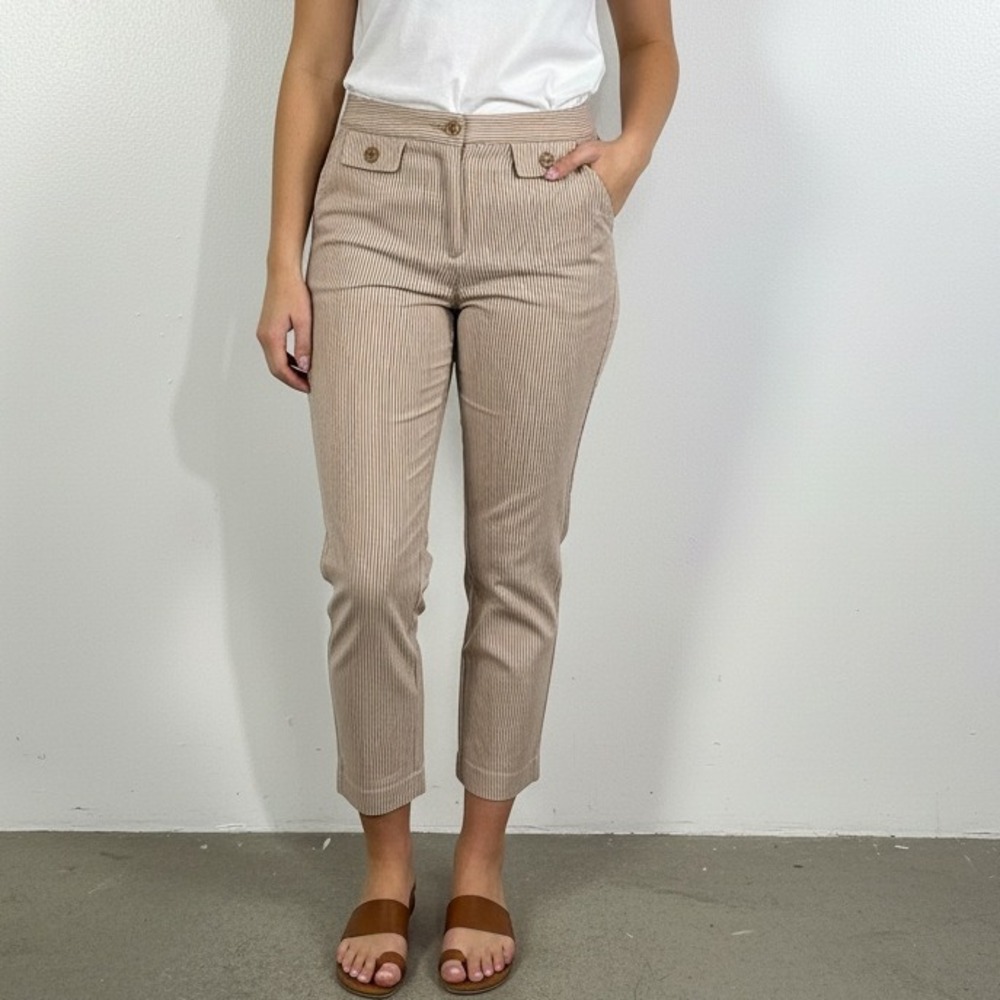 Talbots Women's 16 Stretch Cotton Pinstripe Cropped Pants Beige Tan Straight Leg